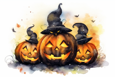 Watercolor Halloween Pumpkins Wearing&nbsp;Witch Hats