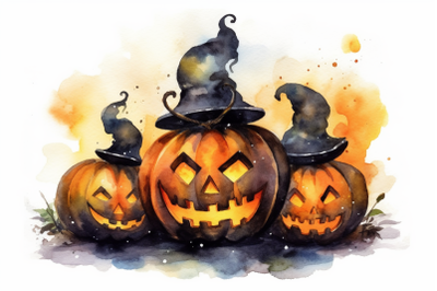 Watercolor Halloween Pumpkins Wearing Witch Hats