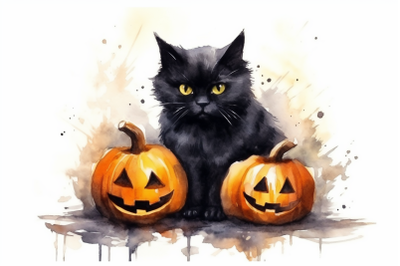 Watercolor Halloween Black Cat With Pumpkins