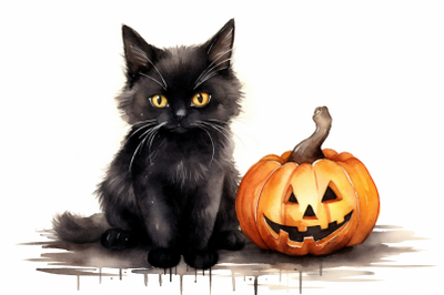Watercolor Halloween Black Cat With Pumpkin