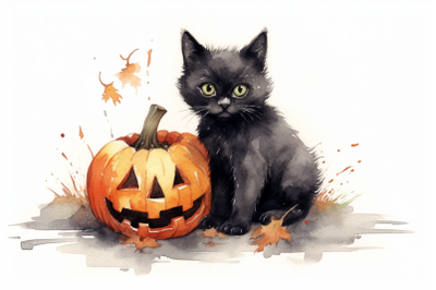 Watercolor Halloween Black Cat With Pumpkin