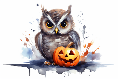 Watercolor Halloween Owl With Pumpkin