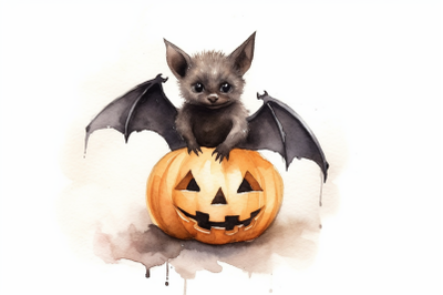 Watercolor Halloween Bat With Pumpkin