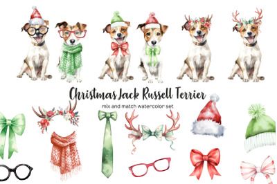 Watercolor Christmas jack russell terrier clipart. Xmas dogs clip art