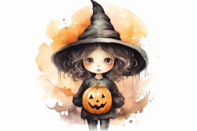 Watercolor Halloween Witch Holding Pumpkin