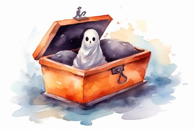 Watercolor Halloween Ghost In Coffin