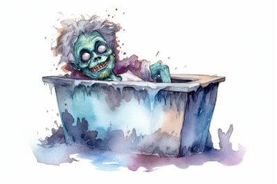 Watercolor Halloween Zombie In Coffin