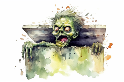 Watercolor Halloween Zombie In Coffin