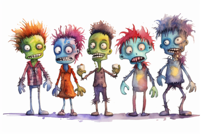 Watercolor Group of Halloween Zombies