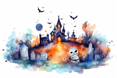 Watercolor Halloween Graveyard