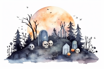 Watercolor Halloween Graveyard