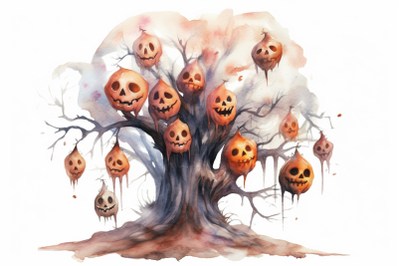 Watercolor Halloween Scary Tree