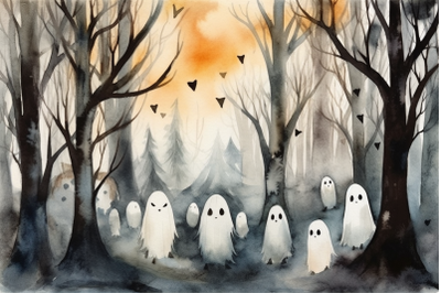 Watercolor Halloween Haunted Forest