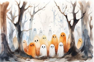 Watercolor Halloween Haunted Forest