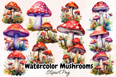 Watercolor Mushrooms Clipart Sublimation