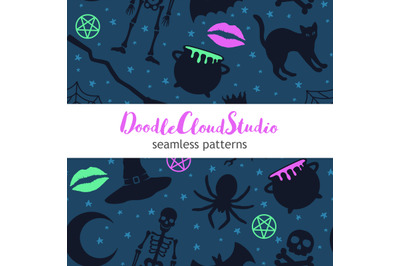 Halloween Seamless Pattern, Witchy Hat, Skeleton, Halloween Spooky PNG