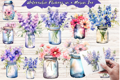 Watercolor Flowers in a Mason Jar Sublimation PNG