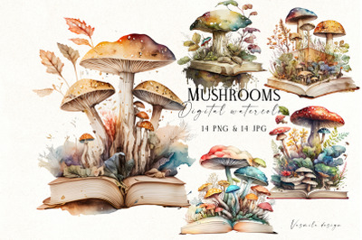 Watercolor mushrooms and books