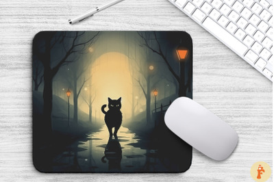 Spooky Black Cat On Misty Path Mouse Pad