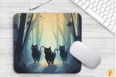 Group Of Black Cats In Foggy Forest