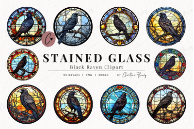 50 Round Raven Stained Glass Clipart