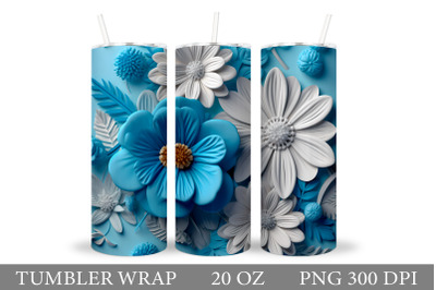 3D Flowers Tumbler. Blue and White Flowers Tumbler Design