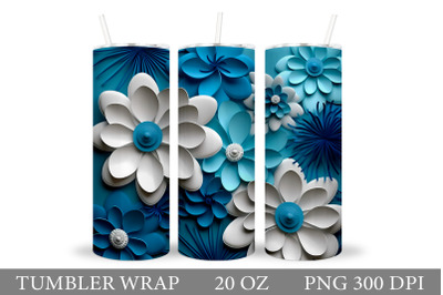 Blue and White Flowers Tumbler. 3D Flowers Tumbler Design