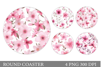 Flowers Coaster Sublimation. Pink Flowers Round Coaster