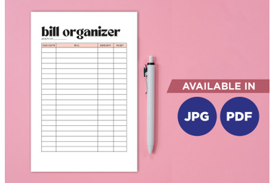 Bill organizer planner for printing planifier sheet