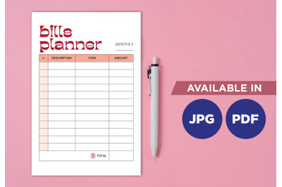 Monthly bill planner for printing planifier sheet