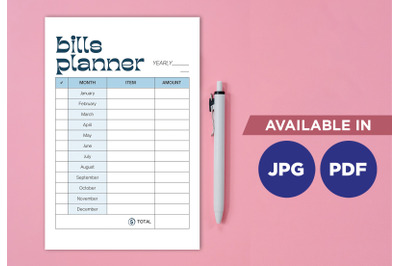 Yearly bill planner for printing planifier sheet