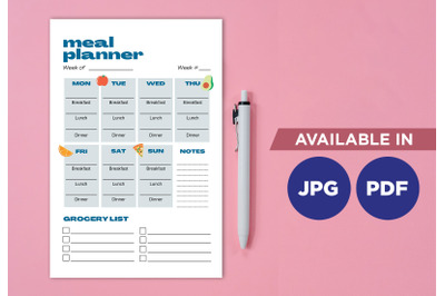 Meal planner for printing planifier sheet