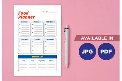 Food planner for printing planifier sheet