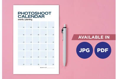 Photoshoot calendar planner for printing planifier sheet