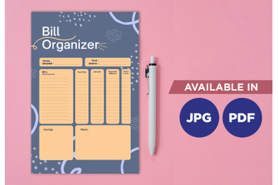 Bill organizer planner printable planifier digital template art