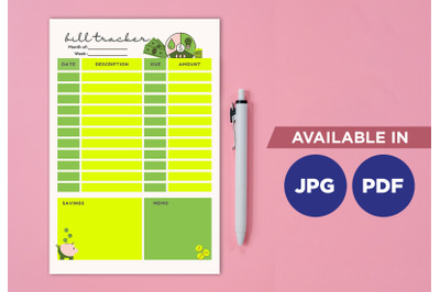 Bill tracker planner printable planifier digital template art