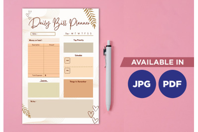 Daily bill planner printable planifier digital template art