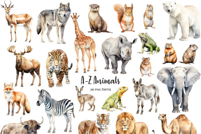Watercolor ABC animals. Alphabet animals clipart. Watercolor A-Z animals clip art. Alphabet zoo animals. Safari animals clipart. A to Z PNG