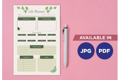 Life planner printable template paper sheet