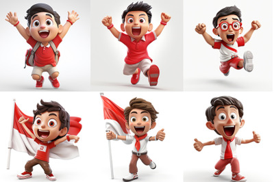 3d illustration of happy boy, red and white concept character isolated