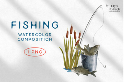 Watercolor Fishing PNG. Fishing Rod and Fish Clipart for Sublimation