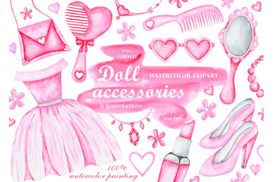 Pink doll accessories watercolor clipart. Girl child. Toys.