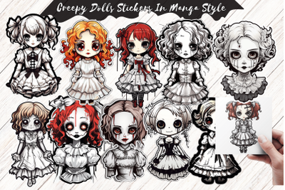 Creepy Dolls In Manga Style Stickers Watercolor Sublimation
