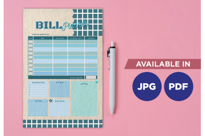 Monthly bill planner printable template paper sheet