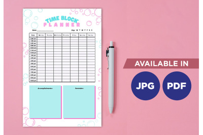 Time block planner printable template paper sheet