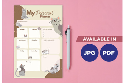 Undated cat planner printable template paper sheet