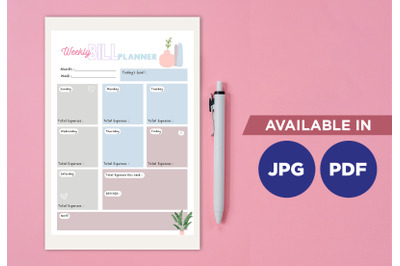 Weekly bill planner printable template paper sheet