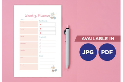 Weekly planner printable template paper sheet