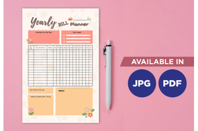 Yearly bill planner printable template paper sheet