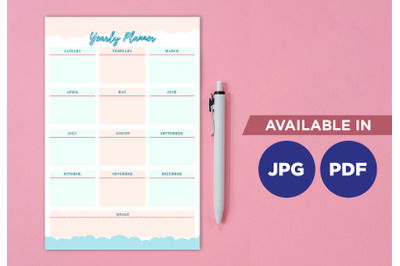 Yearly planner printable template paper sheet